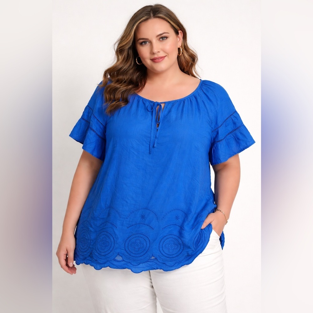 NWT Rose & Olive Blue Eyelet Embroidered Tie Front Blouse Size 1X